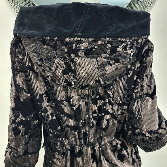 NWT~$2590~MR & MRS ITALY~S/M~BLACK VELVET SEQUIN HOODED PARKA COAT NO FUR - Picture 2 of 16